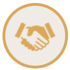 A gold icon of two hands shaking, symbolizing partnership or agreement, inside a gold circle on a light background.