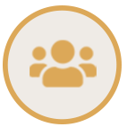 A gold-colored icon of three people inside a circle with a beige background, representing a group or community.
