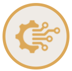 A gold gear with circuit lines extending from it to the right, symbolizing technology and engineering, inside a gold-bordered circle on a light background.