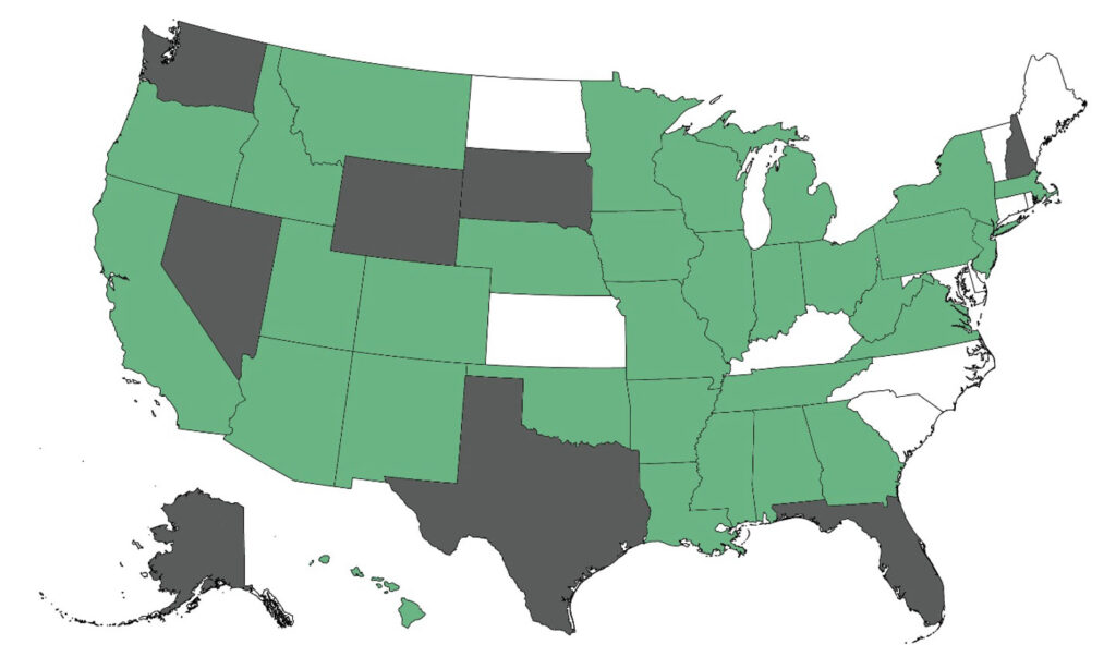 A map of the United States with some states shaded green and others shaded dark gray. Green states are mostly in the North and West; dark gray states are scattered, including Texas, California, and several southern states.
